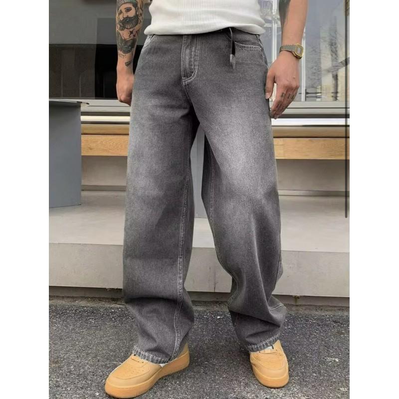 Mens High-Waisted Straight Cut Wide Leg Jeans Gray Casual Denim Pants Slimming Tapered Fit