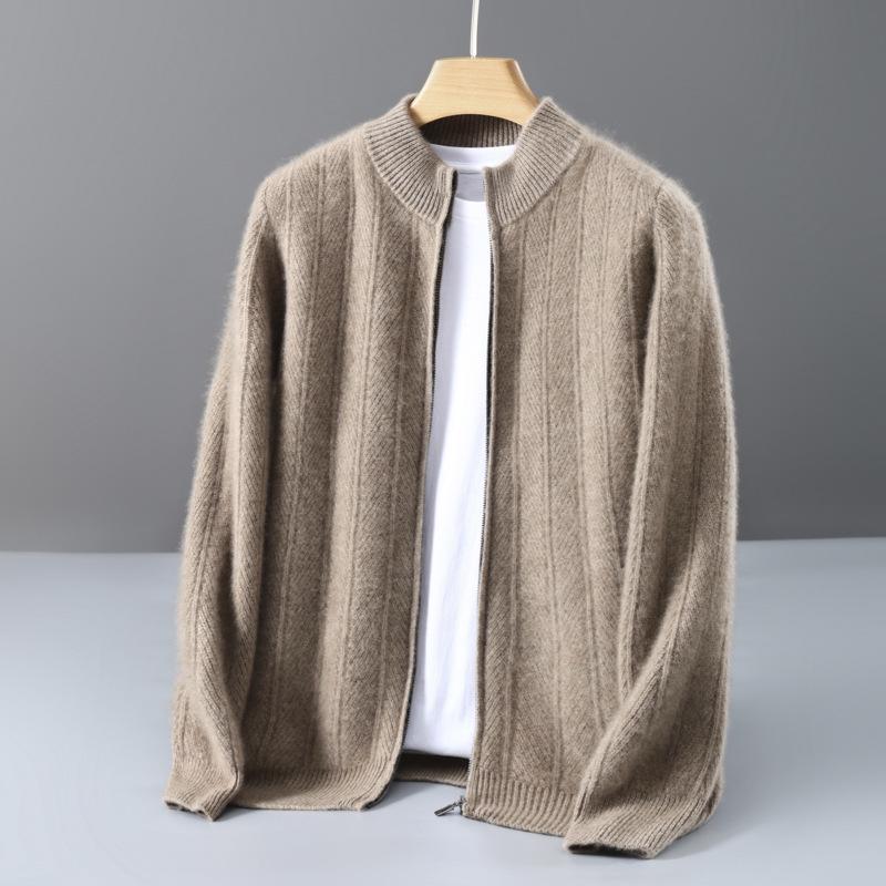 Cardigan Jacquard in 100% Lana Pura da Uomo, Collo Alto Business Casual, Chiusura con Zip, Top Versatile dalla Vestibilità Larga