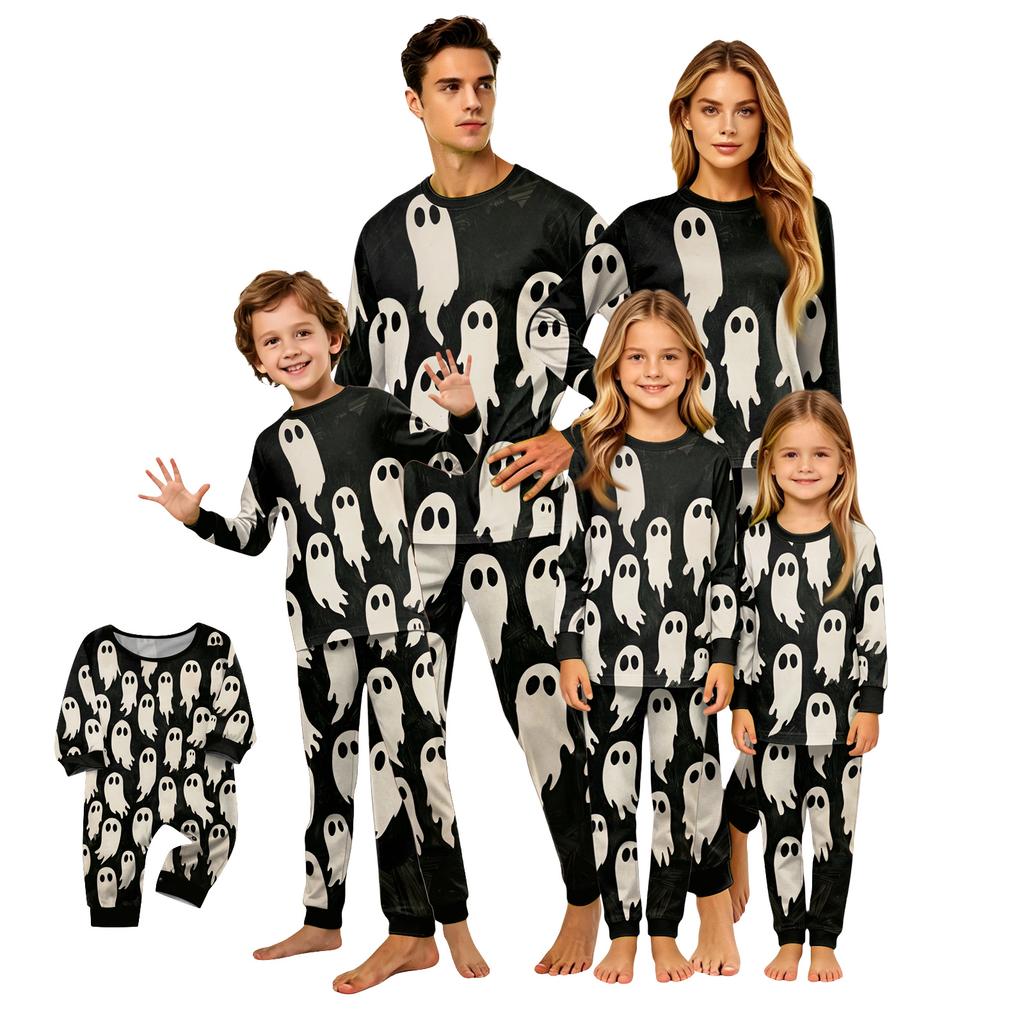 Parent-Child Halloween Printed Long Sleeve Pajama Set with Matching Tops and Pants for Family