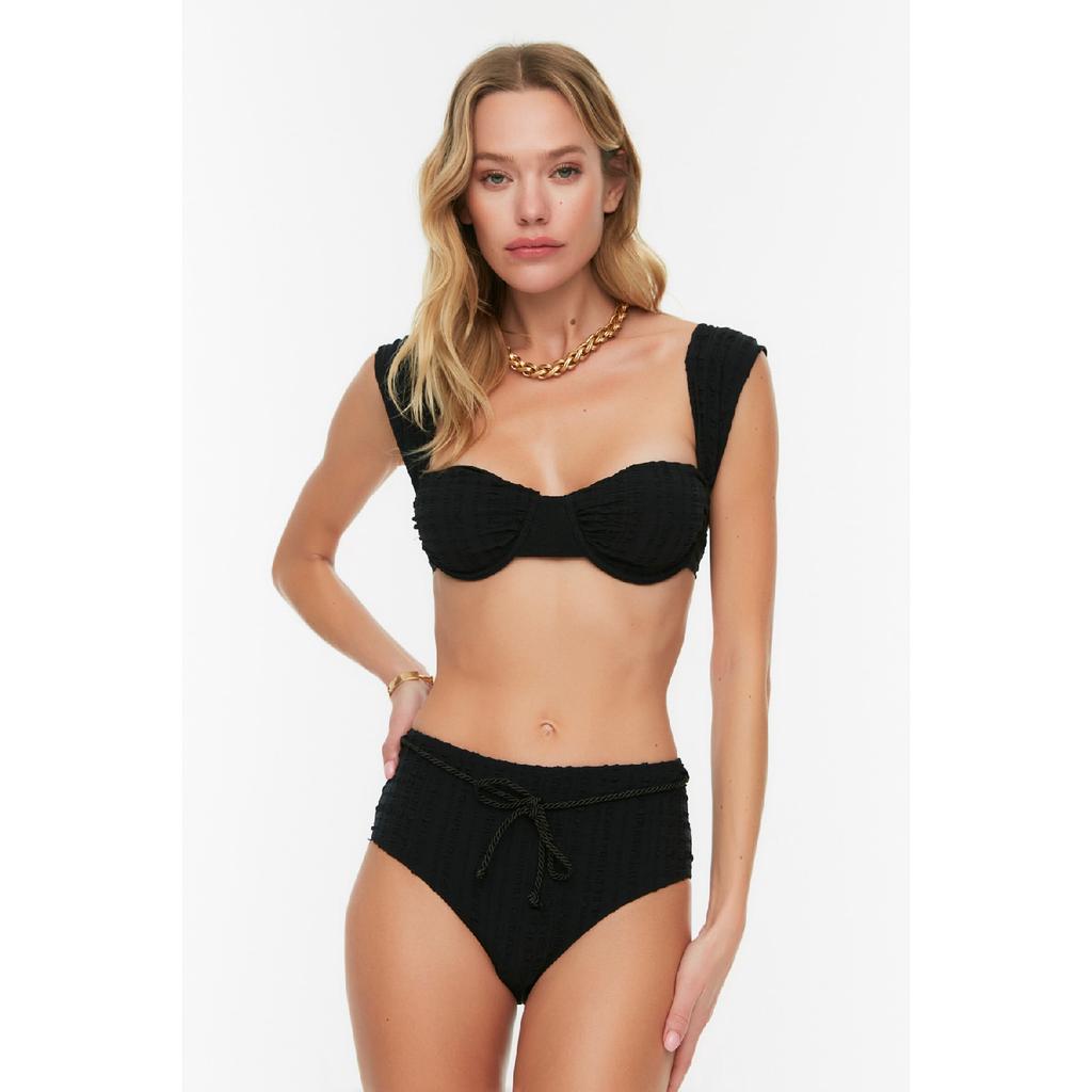 High Waist Bikini Bottom With Ecru Textured Belt Tbess21ba0167