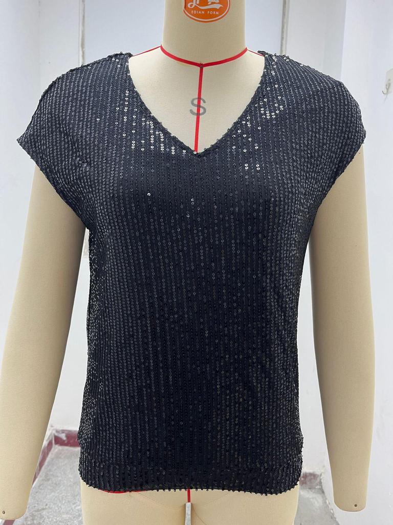 V-Neck Sequin Short Sleeve Women's Shiny Party Vest-Shirt