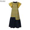 ZANZEA Women Round Neck Ruffles Short Sleeve Casual Stripe Patchwork Long Dress