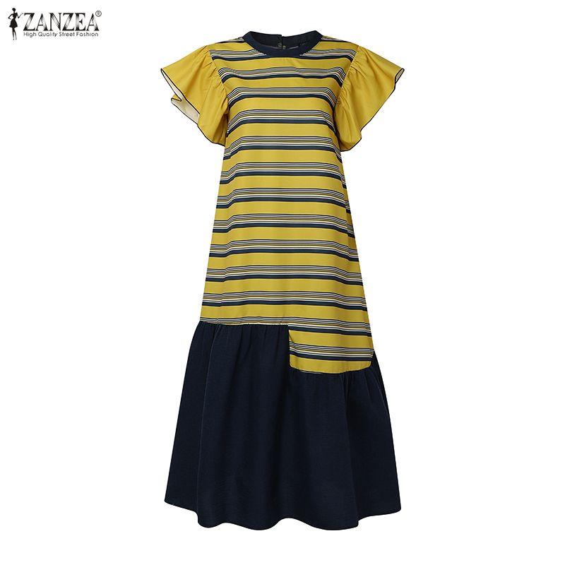 ZANZEA Women Round Neck Ruffles Short Sleeve Casual Stripe Patchwork Long Dress
