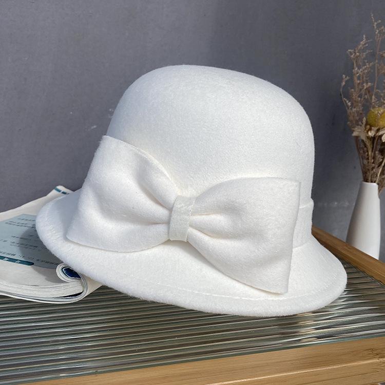 Cappello a secchiello in lana autunnale e invernale da donna con fiocco alla moda e semplice a tesa stretta Cappello a cilindro elegante in feltro da celebrità