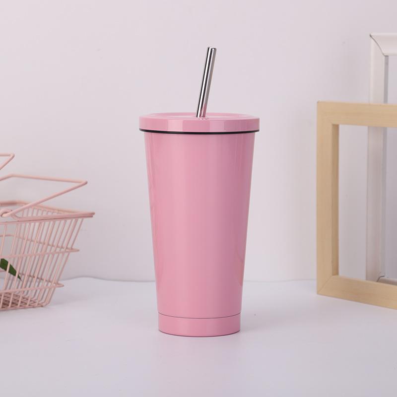 500ml Stainless Steel Mug with Lid Vacuum Double-Layer Tumbler with Straw Insulation Bottle Reusable Coffee Juice Cup Drinkware