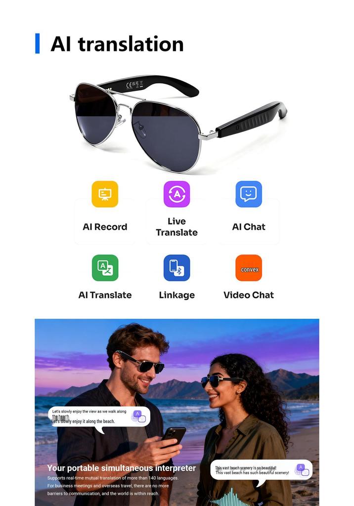AI Smart Bluetooth Sunglasses: Real-time Translation In 100+ Languages, Call Support, and Music Streaming.