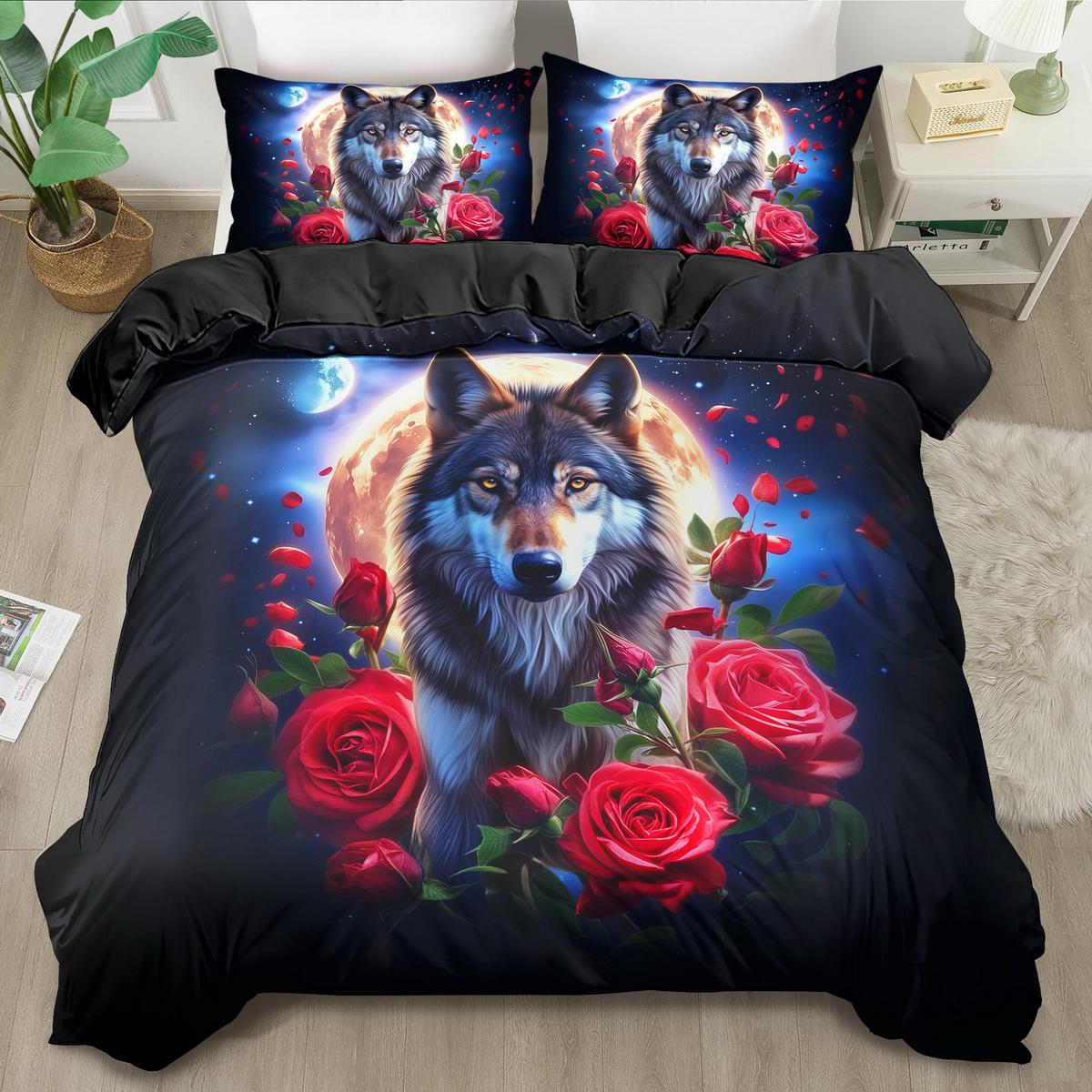 

2/ 3pcs Duvet Cover Set, Soft And Comfortable, Red Rose Wolf Duvet Cover Set Bedding Set, 3d Animal Wolf Print Duvet Cover US Twin(172x218cm)