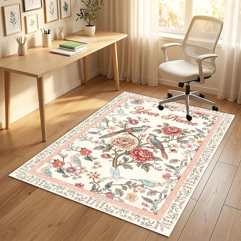 Floral Birds Artwork Theme Soft Crystal Velvet Rug Custom Name & Text Print Non Slip Floor Rug for Bedroom Living Room