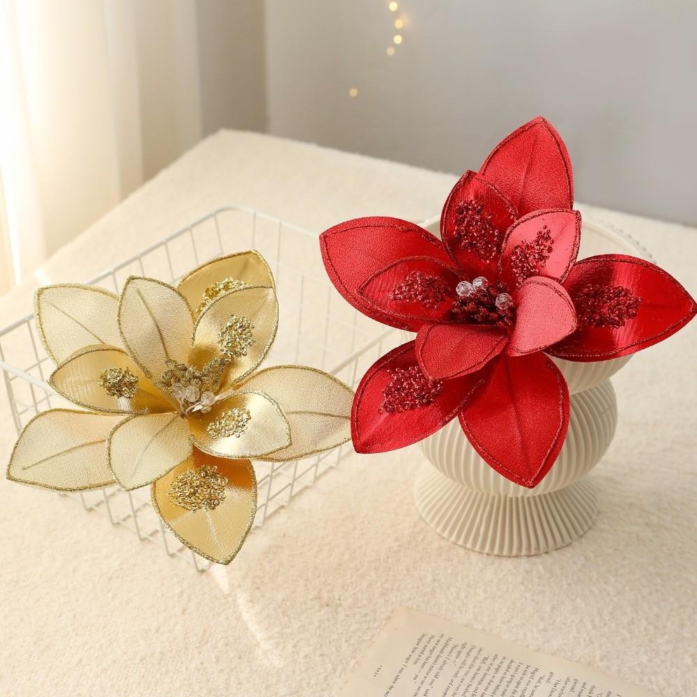 Sparkling Artificial Poinsettia Flower Pick Sequins Christmas Tree Floral Spray Wedding Party