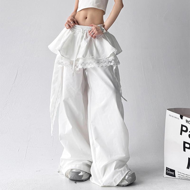 Pantaloni Larghi Estivi Gyaru Harajuku Coreani Pantaloni Cargo Neri Y2K Pantaloni a Gamba Larga Bianchi Patchwork di Pizzo Streetwear Donna