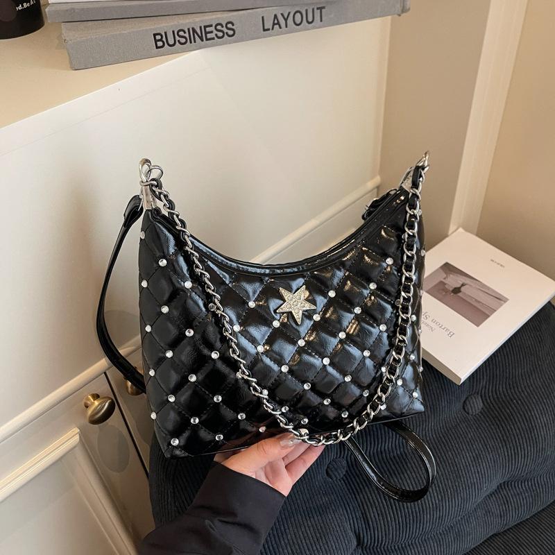 

Сумка Женская Новая Мода Ромбовидная Цепочка Сумка Под Мышку Нишевая Простая Сумка На Плечо чёрный