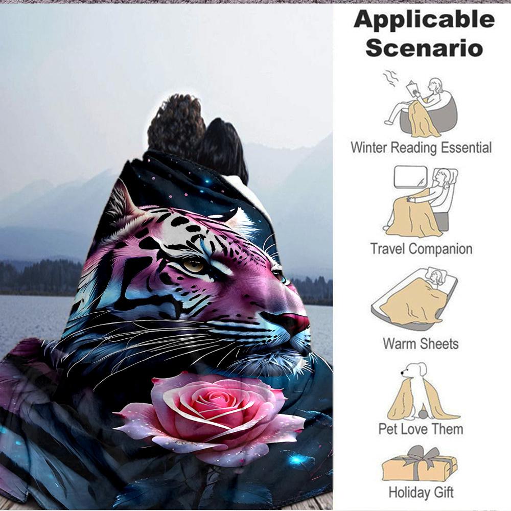 1pc Tiger Rose Print Blanket, Lightweight Flannel Fleece with Digital Printing, Soft Warm for Sofa, Travel, Camping, Office, Couch, Chair, and Bed, Al