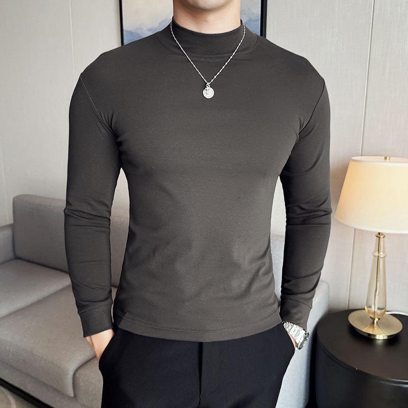 Men's Autumn Solid Color Slim Fit Semi-High Neck Long Sleeve T-Shirt