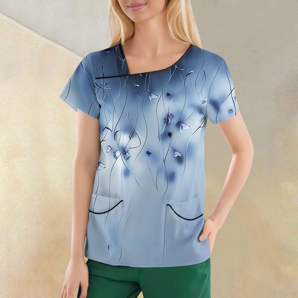 Women's Casual  Print Short Sleeve Sloping Collar Workwear Top With Double Pockets