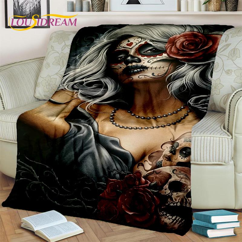 Horror Gothic Weiblicher Schädel Totes Mädchen Decke, Weiche Überwurfdecke für Zuhause Schlafzimmer Bett Sofa Picknick Reise Büro Überdecke Kind