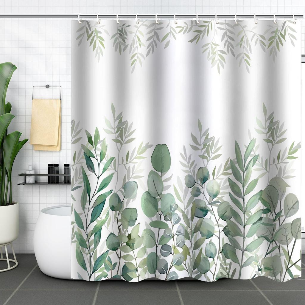 Green Plant Waterproof and Mildew-proof Polyester Bathroom Shower Curtain Shower Curtain Partition Curtain Free of Punching