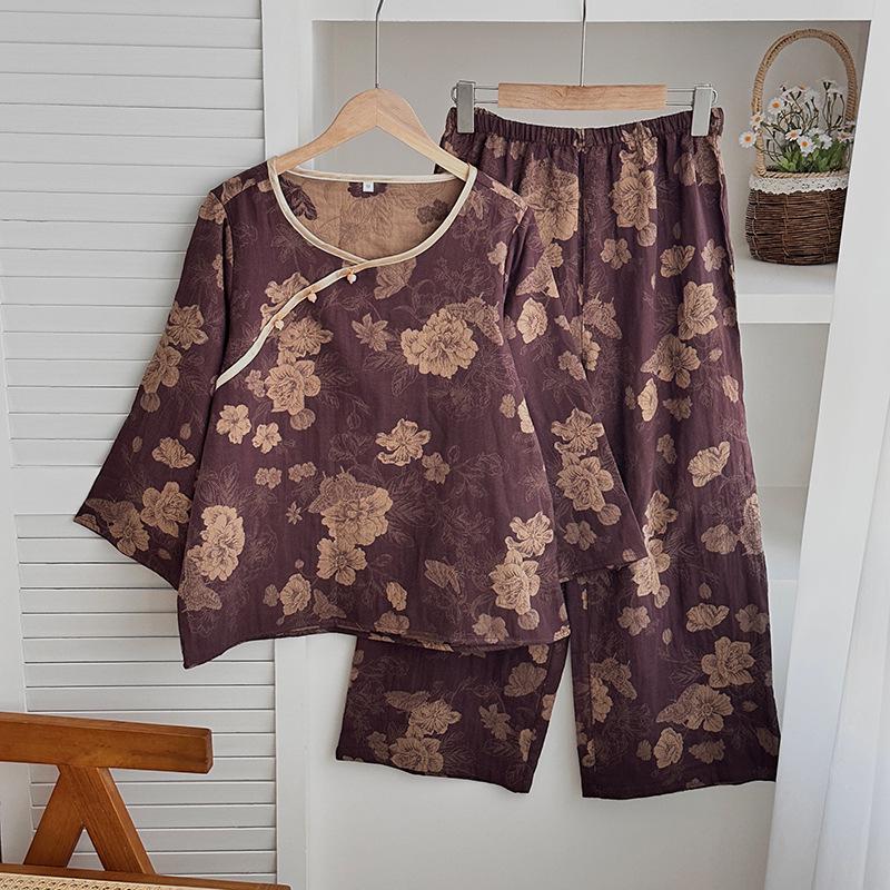 Women's Retro Chinese-Style Cotton Pajama Set: Long-Sleeve, Double-Layered Gauze, Oblique Lapel (Spring/Autumn)