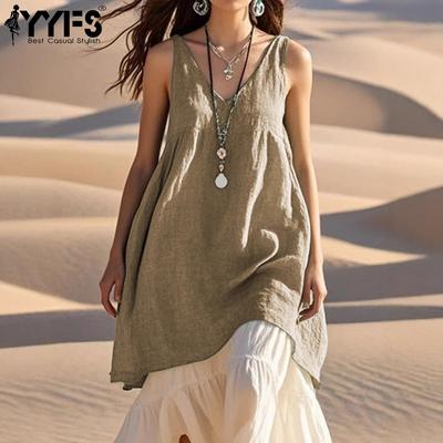 Women's Fashion Summer Spring Solid Color Print Sleevelesse V-Neck Loose Waistline Casual Dresses