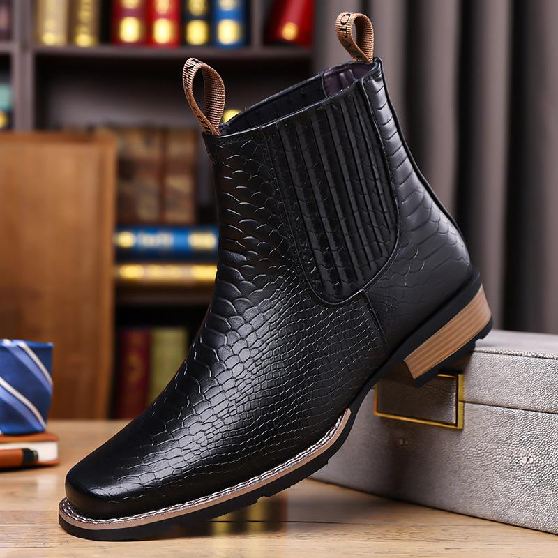 New European and American retro men's large-size crocodile pattern Chelsea short boots