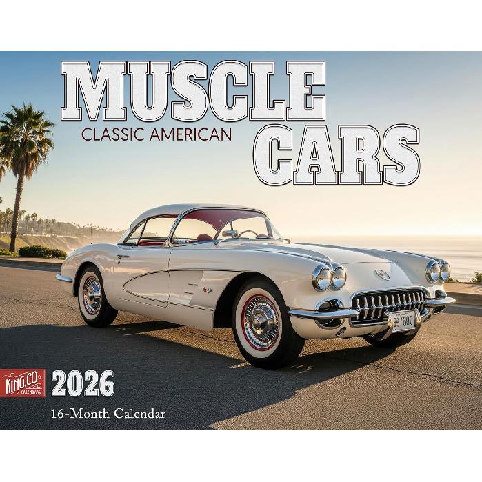 2026 n Muscle Cars Illustrated Wall Calendar 16-Month X-Large Size 14x22, Classic Cars Calendar by The KING Company-Monster Calendars American Muscle Cars