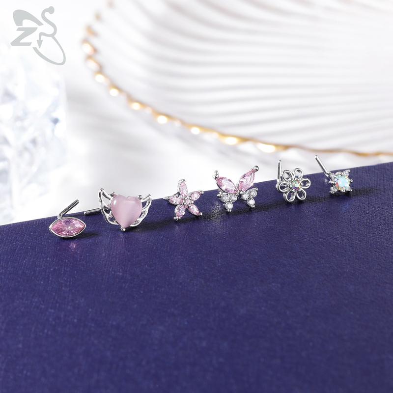 ZS 1 Piece Cute CZ Crystal Nose Stud L-Shape 20g Stainless Steel Nose Piercings Flower Moon Heart Shape Zircon Nostril Piercing