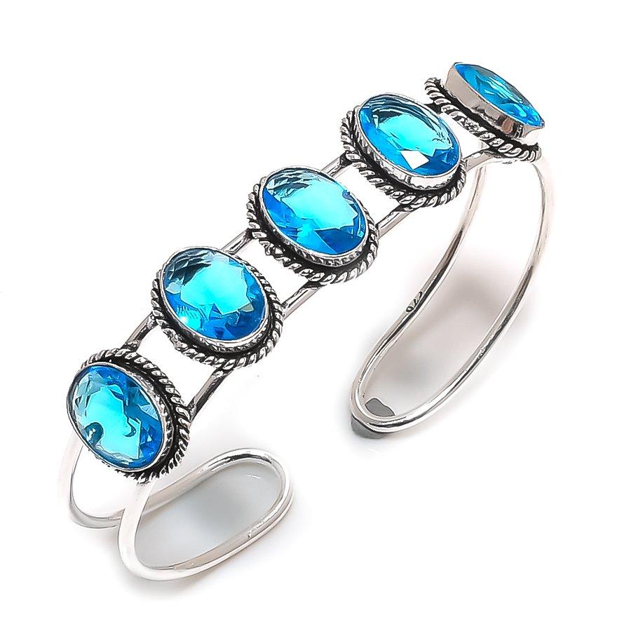 

Blue Topaz Gemstone Handmade 925 Sterling Silver Cuff Bangle Adjustable B2t65