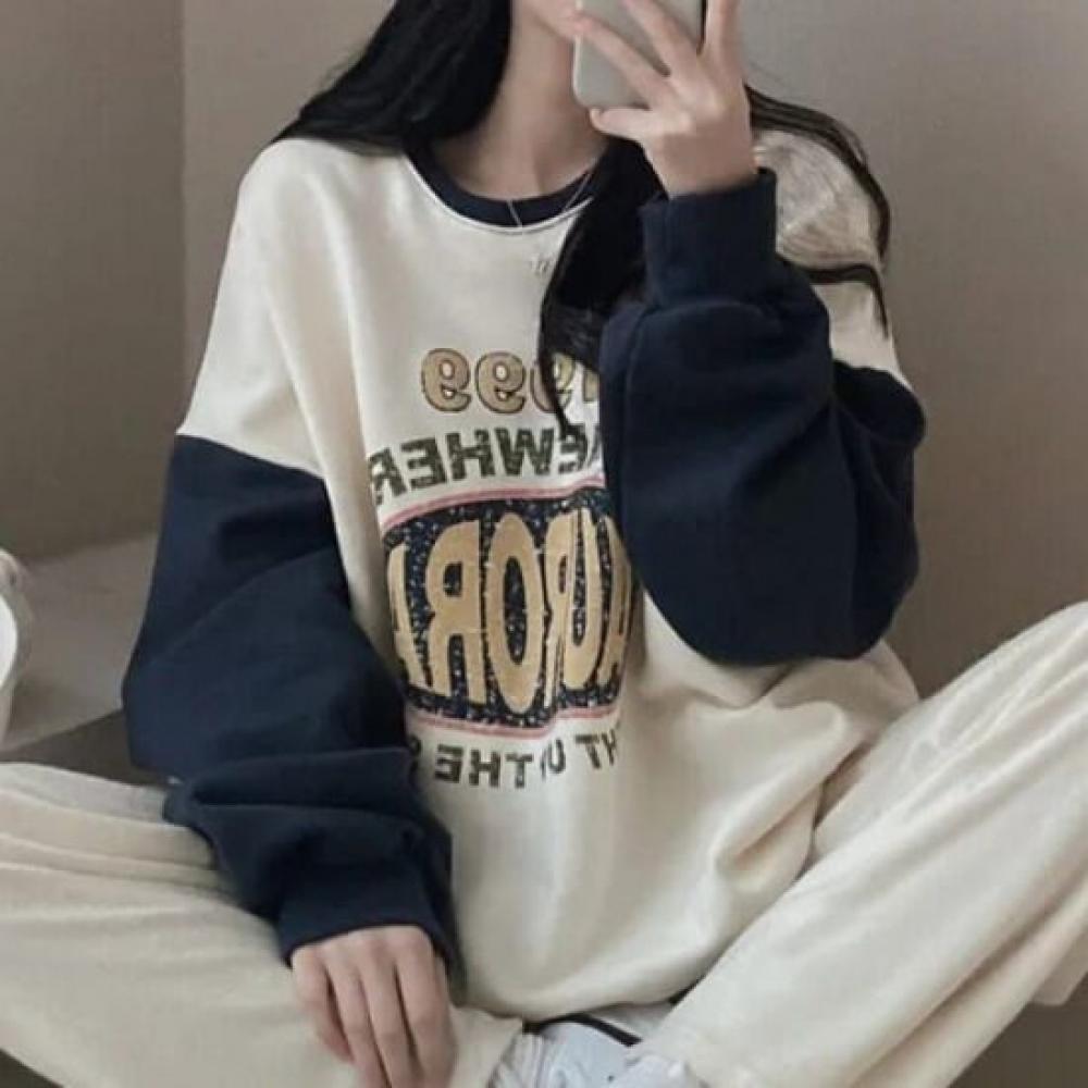 Navava Long Sleeve Round Neck Retro Printing Color Block Sweatshirt Nt2235