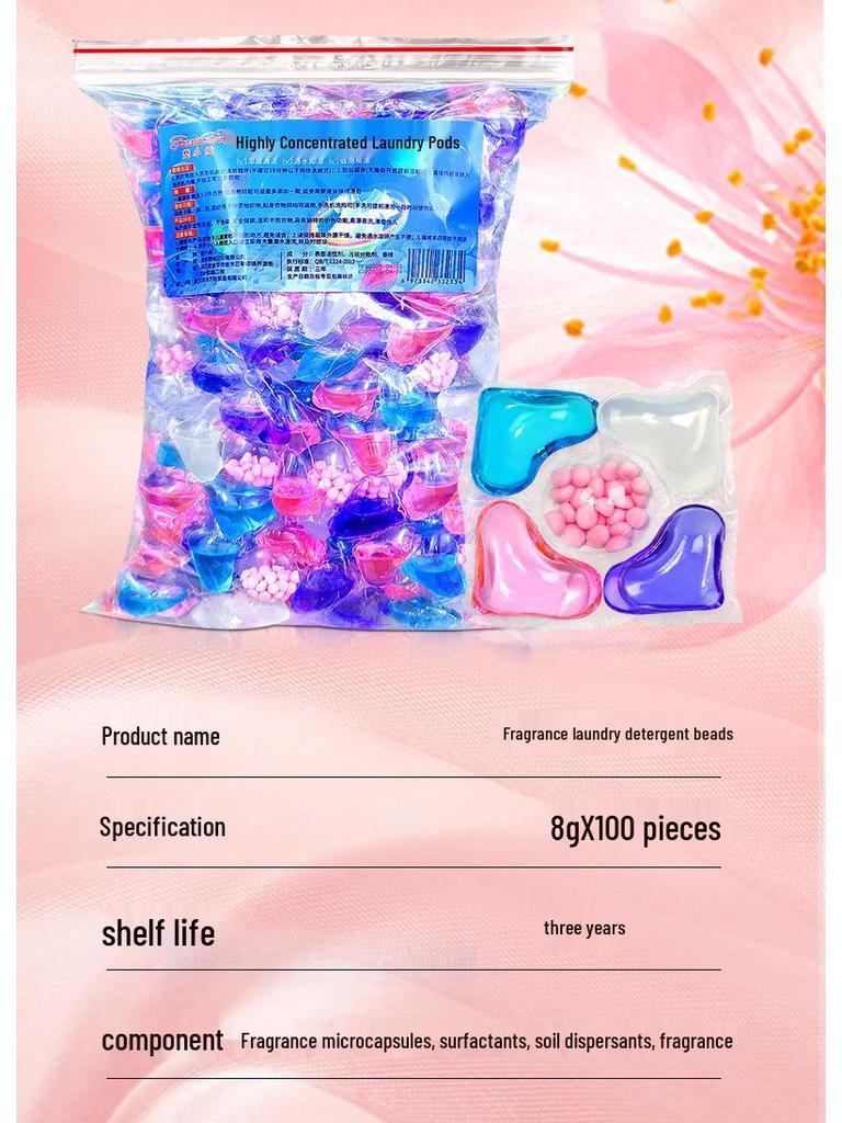 100-piece pack of five-in-one laundry pods with fragrance, softening, stain removal, and five-chamber design.