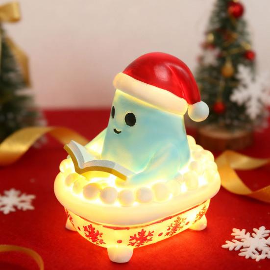 Christmas Night Light Handmade Resin Sculpture Soft Glow Lamp Cute Santa Claus Snowman Ghost Reading A Book Bubble Bath Light Desktop Decor Gift