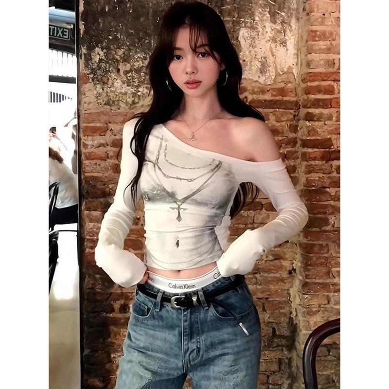 Damen Weiß Asymmetrisch Schulterfrei Langarm Grafikdruck Durchsichtig Eng Crop Top