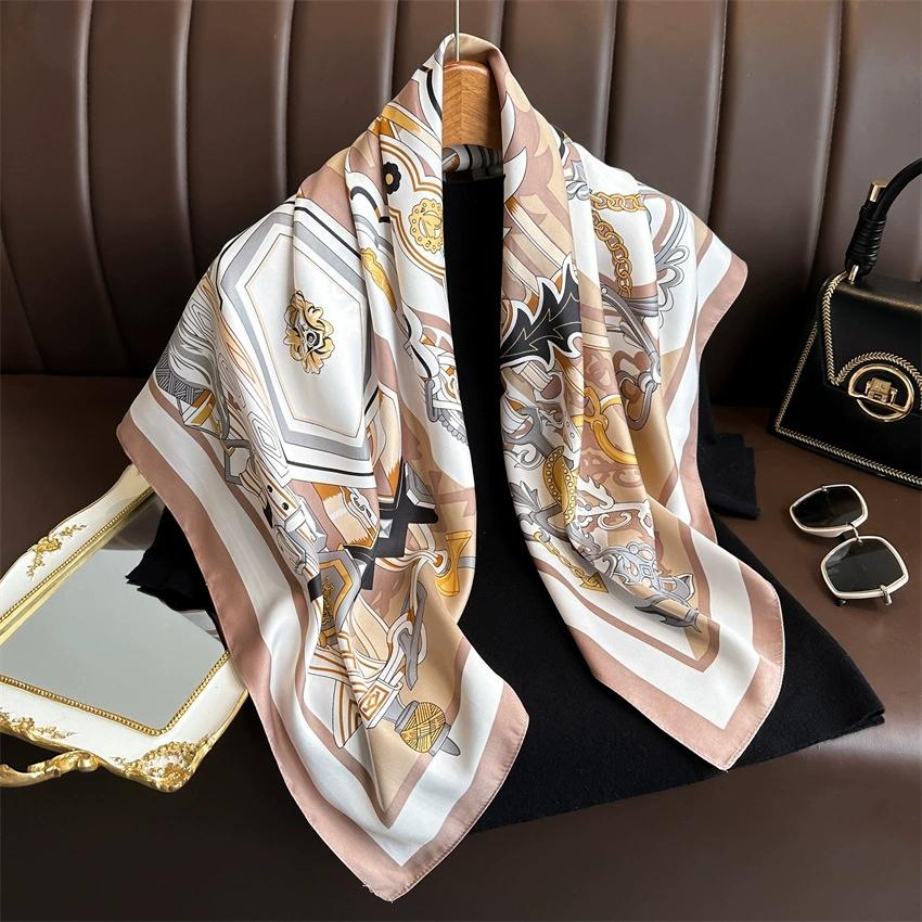 90CM Square Scarves Geometrical Print Twill Silk Foulards Femme Wraps Beach Shawls Bandana Lady Hijabs
