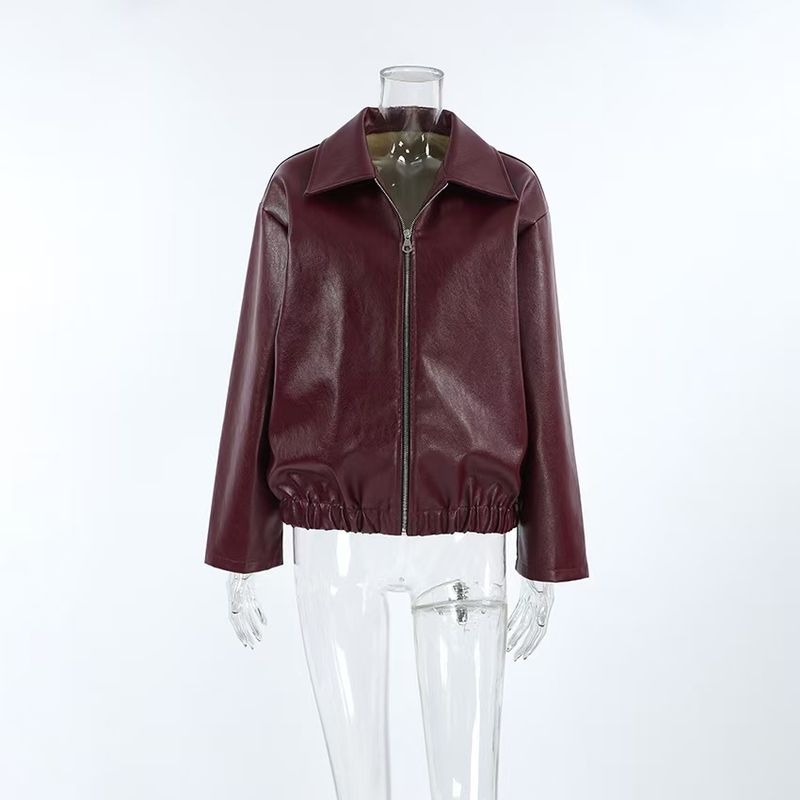 

Western Style Autumn and Winter Motorcycle Wind Loose Outerwear PU Leather Coat Loose Zipper PU Leather Jacket Burgundy S