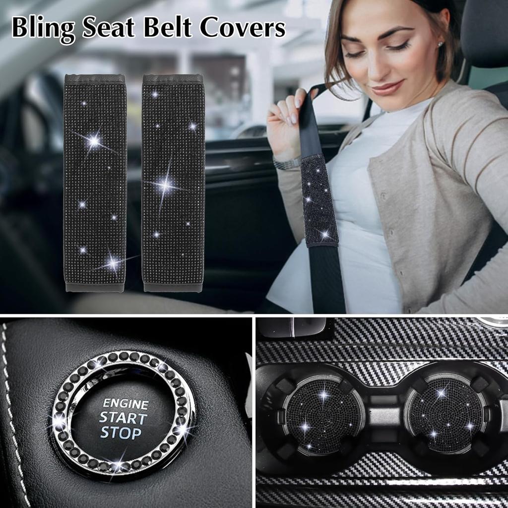 ARTILAURA 11 PCS Bling Car Accessories Set For Women Steering Wheel Covers Butterfly Hanging Seat Belt Cover Air Vent Clips Coasters Cute Glitter