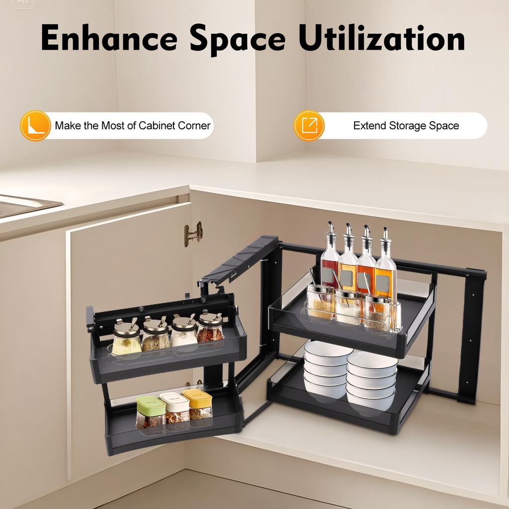 14 In Full Extension Blind Corner Pull Out, Cabinet Organizer Swing Out Tray, 2 Tier Magic Corner Lazy Susan Storage Solution