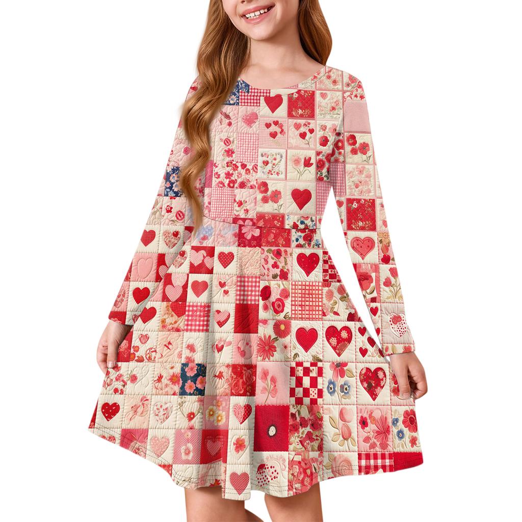 Letnia sukienka księżniczki dla dziewczynek - Sukienka T-shirtowa A-line z długim rękawem Walentynki