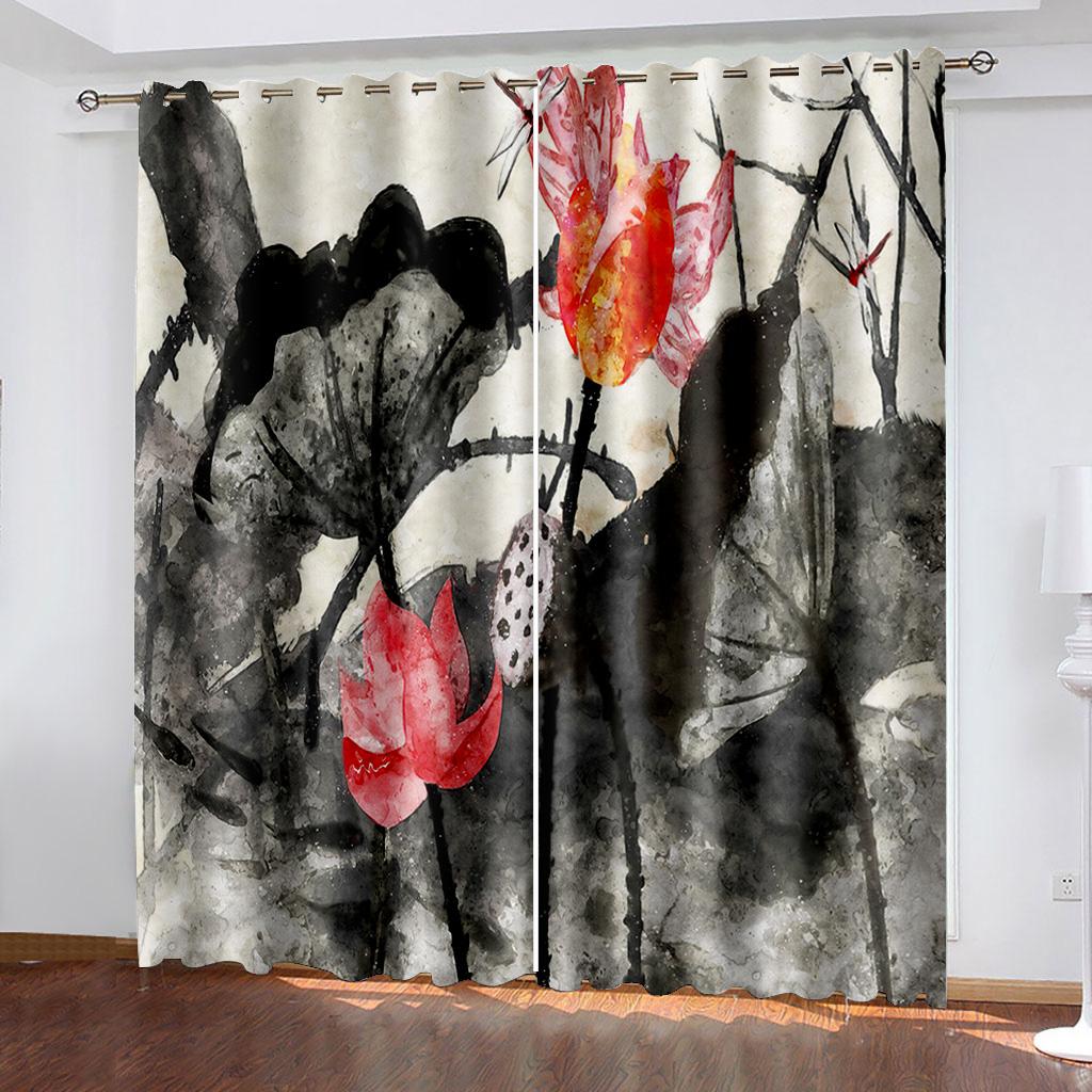 2pcs Red Large Leaved Flower Thin Polyester Semi-shading Curtains for Livingroom Window Treatments Grommet Drapes Free Shipping