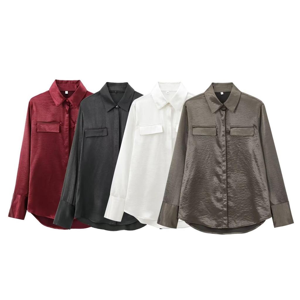Satin Texture Long Sleeve Shirt with Pocket Decoration - 2024 European & American Fashion for Women