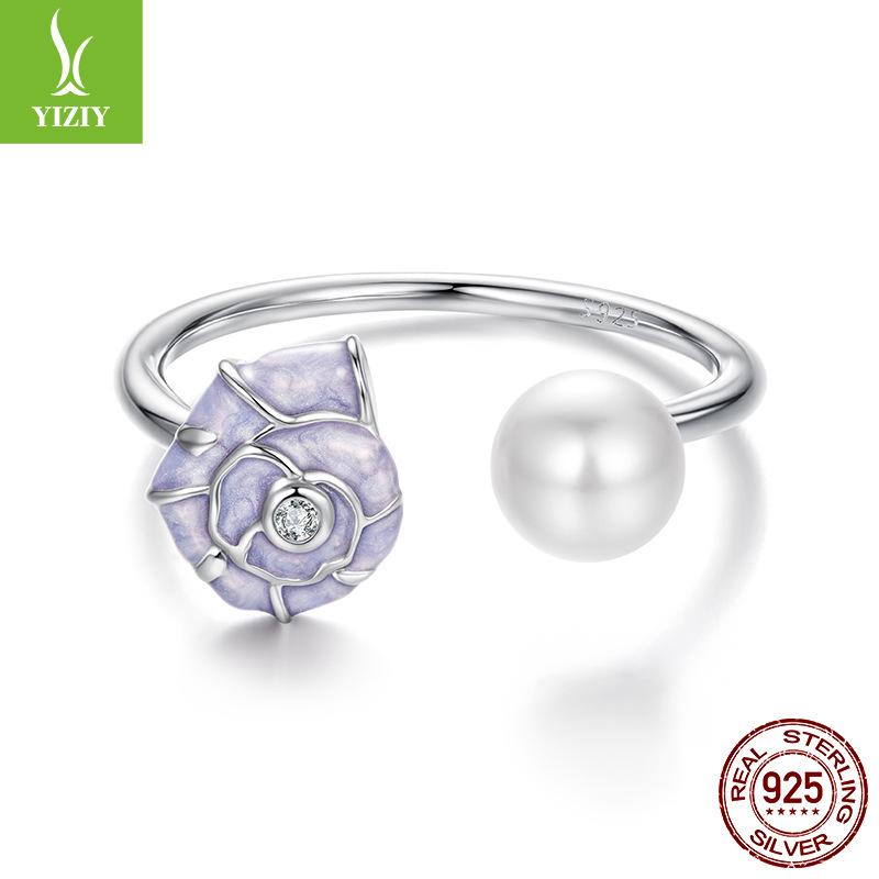 S925 Sterling Silver Lavender Conch Open Ring, Elegant Premium Adjustable Ring Jewelry