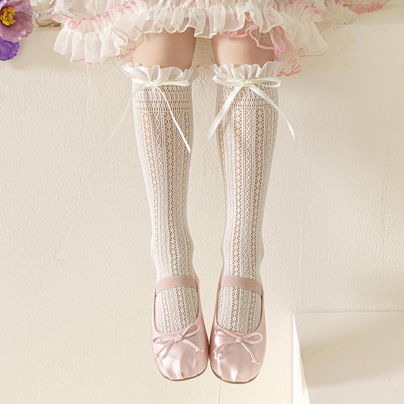 Girls Retro Geometric Bow Over Knee High Socks Sweet Princess Hollow Mesh Stockings Cute Long Socks For Kids Baby