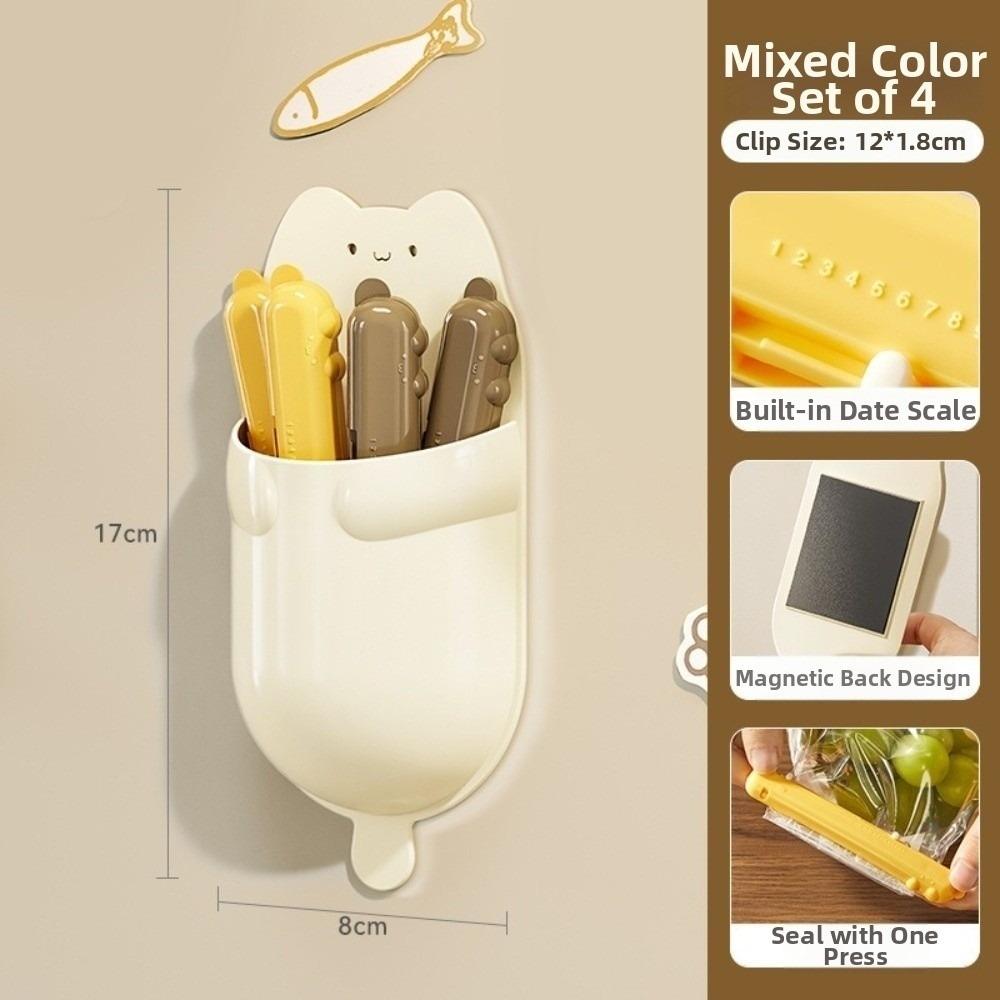 

4PCS Set Cute Cartoon Cat Sealing Clips Magnetic Moisture-Proof Food Clamp Fresh-Keeping Reusable Storage Box Set Household