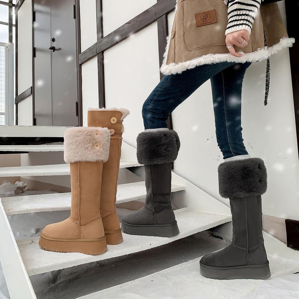 Gray Knee-length Snow Boots for Women, Winter Two Wear Fluffy Plush Thermal Cotton Shoes, Platform Boots