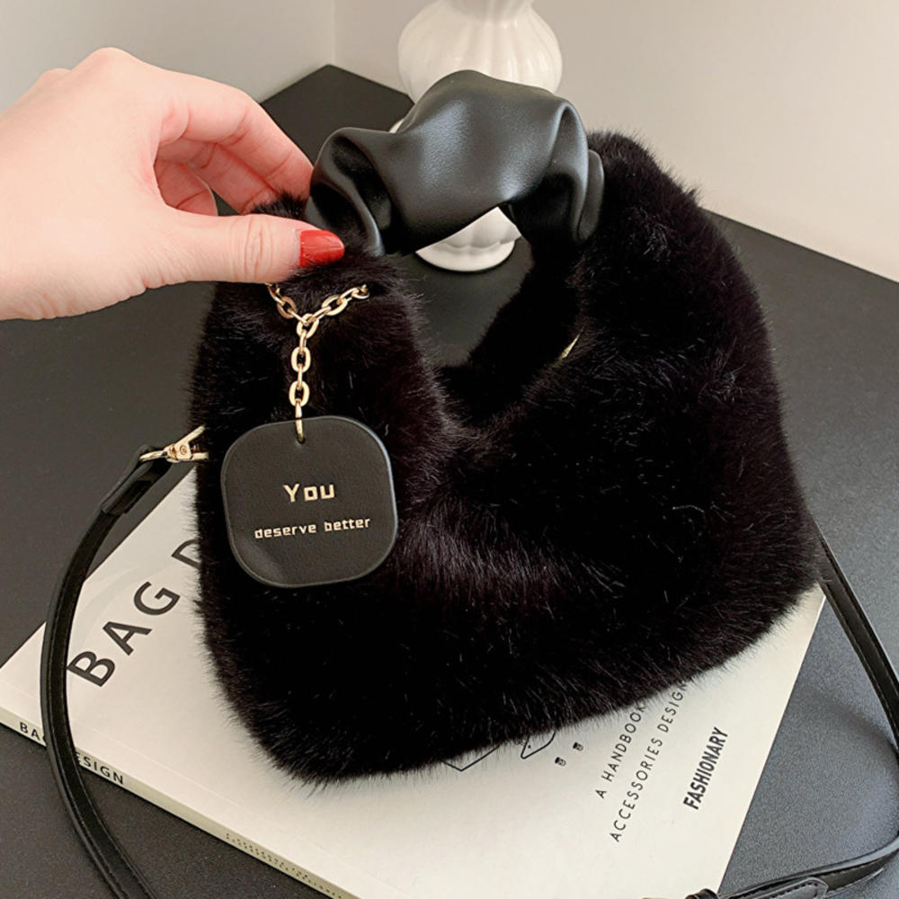 Winter Women Plush Handbag Soft Furry Clutch With Cherry Pendant Fashion Lady Shoulder Messenger Bag