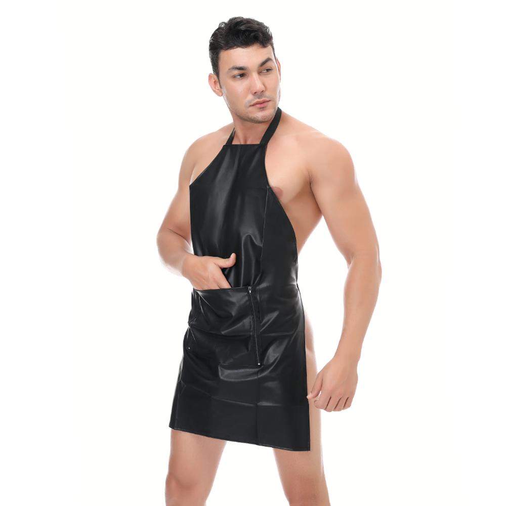 Sexy Patent Leather Butcher Apron Style Halter Sexy Lingerie for Men Open Crotch Novelty Light Club Costumes Male Lingerie