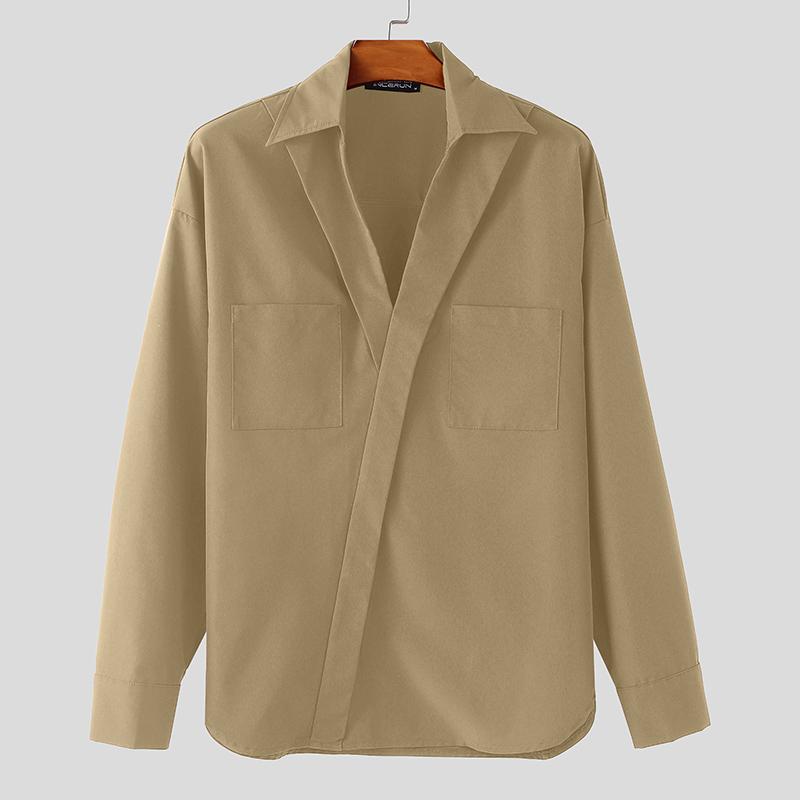 

INCERUN S-5XL Men Lapel V Neck Long Sleeve Loose Casual Shirts Tops XL хакі