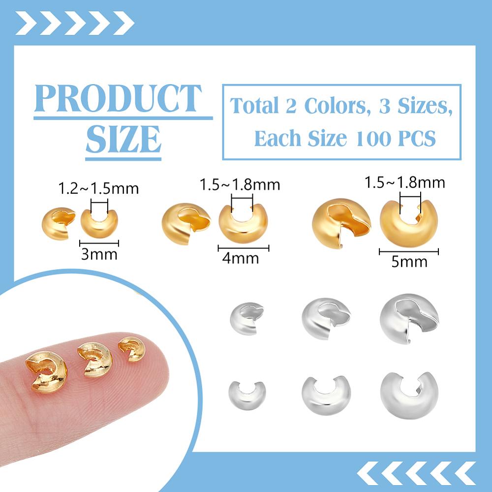 600Pcs 3 Sizes 2 Colors Brass Crimp Beads Covers, Nickel Free, Platinum & Golden, 3~5mm In Diameter, Hole: 1.2~1.8mm, 100pcs/color