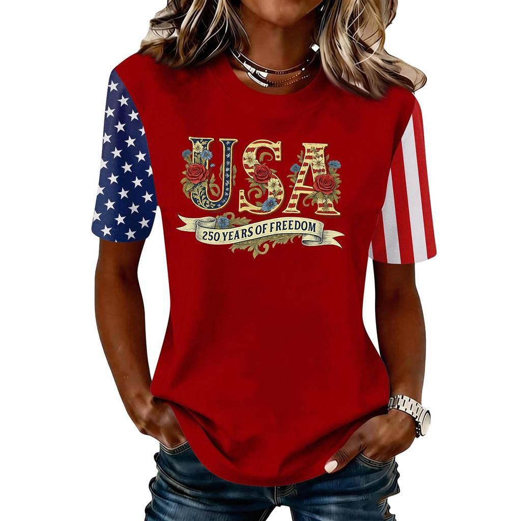 Women's Fashionable Casual Short Sleeve Print Round Neck Pullover Top