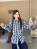 Women's Retro Korean Blue Plaid Tie-Waist Shirt - Long-Sleeve Top for Spring/Autumn 2026