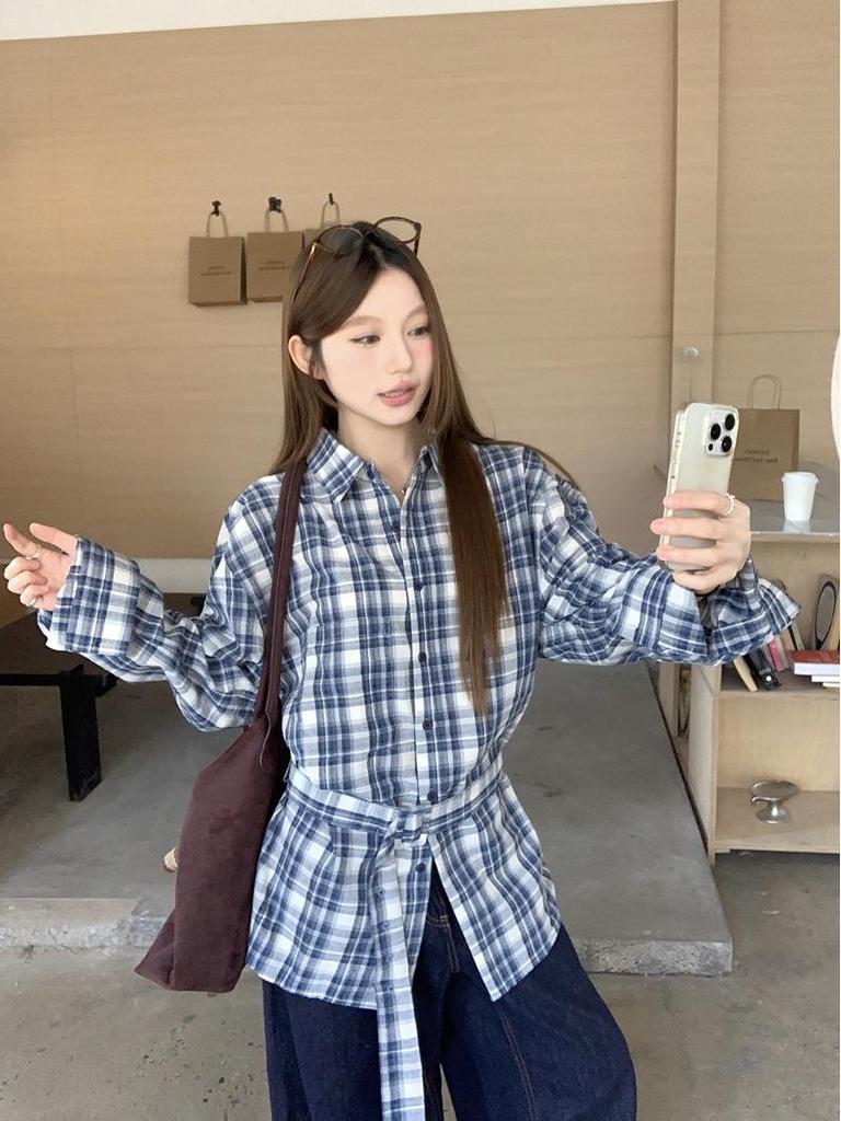 Women's Retro Korean Blue Plaid Tie-Waist Shirt - Long-Sleeve Top for Spring/Autumn 2026