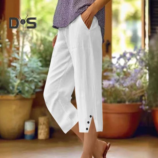 Women Cropped Pants Elastic Waist Wide Leg Beach Pants with Pockets Solid Color Casual Loose Fit Pants