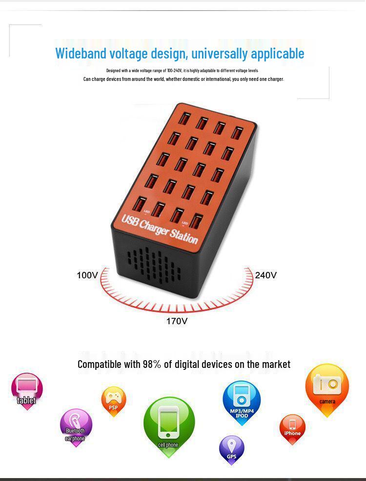 20-Port High Power USB Fast Charger 20A Charging Station for Smartphones & Tablets